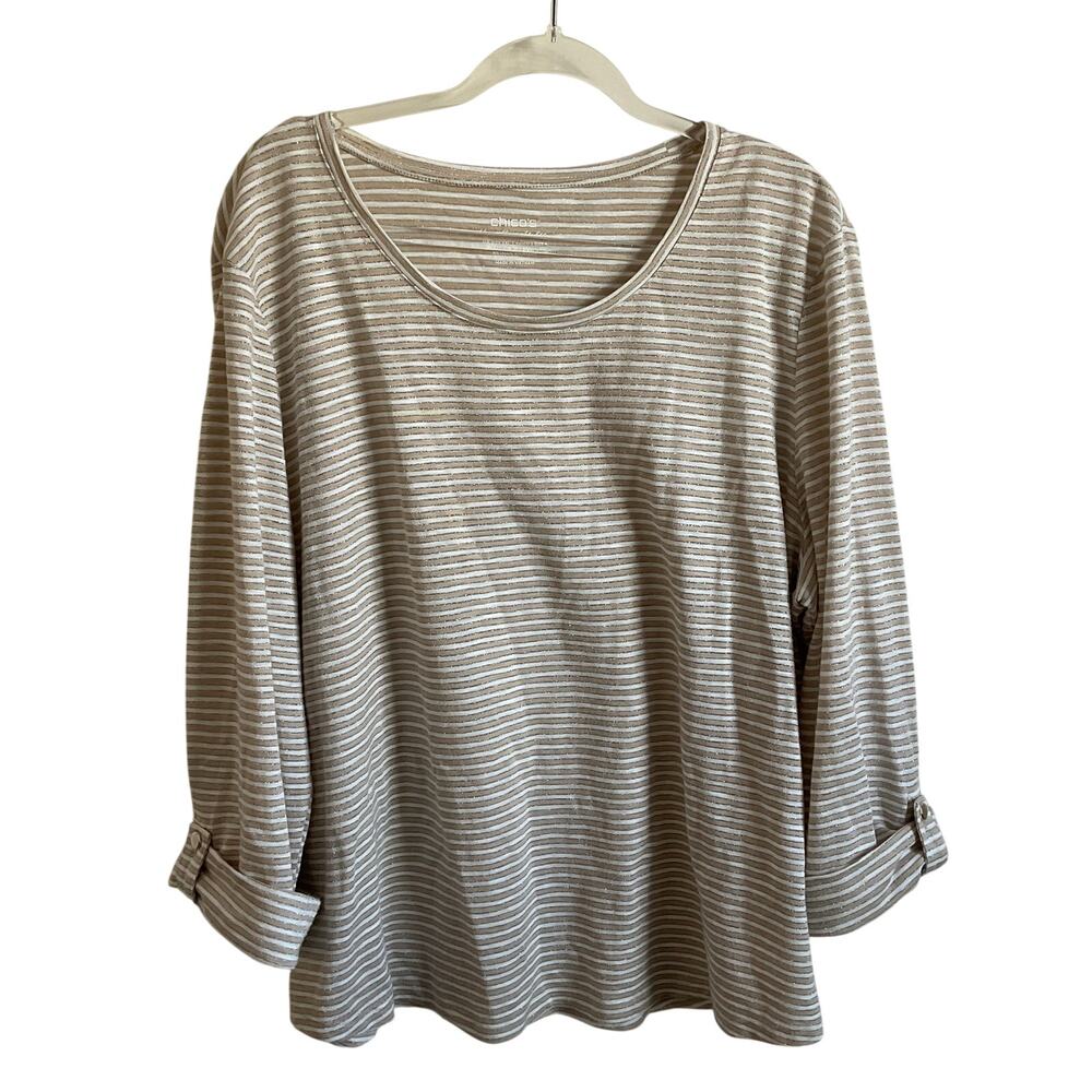 Chico’s The Ultimate Tee Beige Striped Metallic Weave Long Sleeve Top - Size XXL